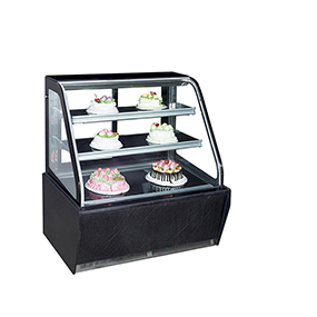 transparent refrigerated glass display showcase for cake bakery
